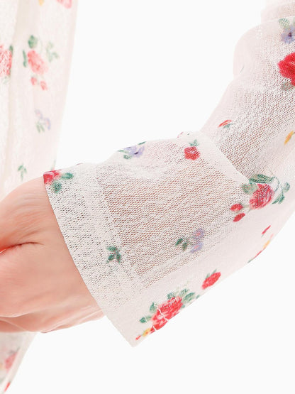 QIUQIU STUDIO White Red Floral Half Open Collar Printed Long Sleeve Loose Women&
