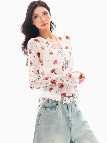 QIUQIU STUDIO White Red Floral Half Open Collar Printed Long Sleeve Loose Women&