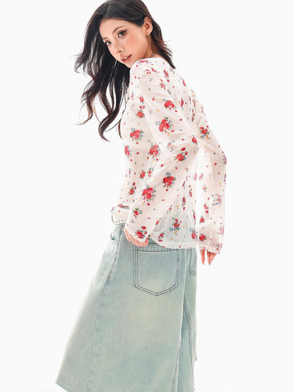 QIUQIU STUDIO White Red Floral Half Open Collar Printed Long Sleeve Loose Women&