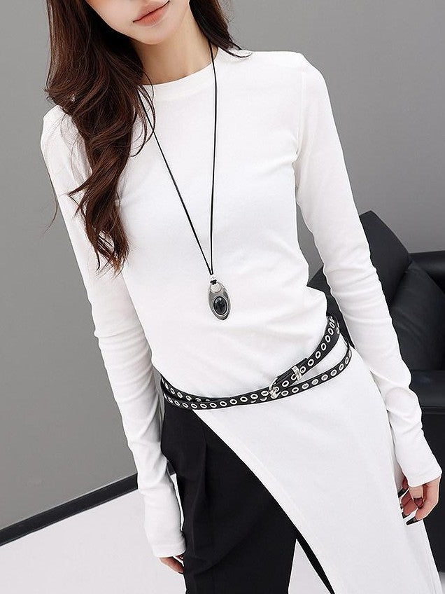 QIUQIU STUDIO White Side Slit Round Neck Women&