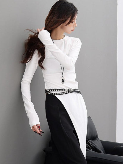 QIUQIU STUDIO White Side Slit Round Neck Women&
