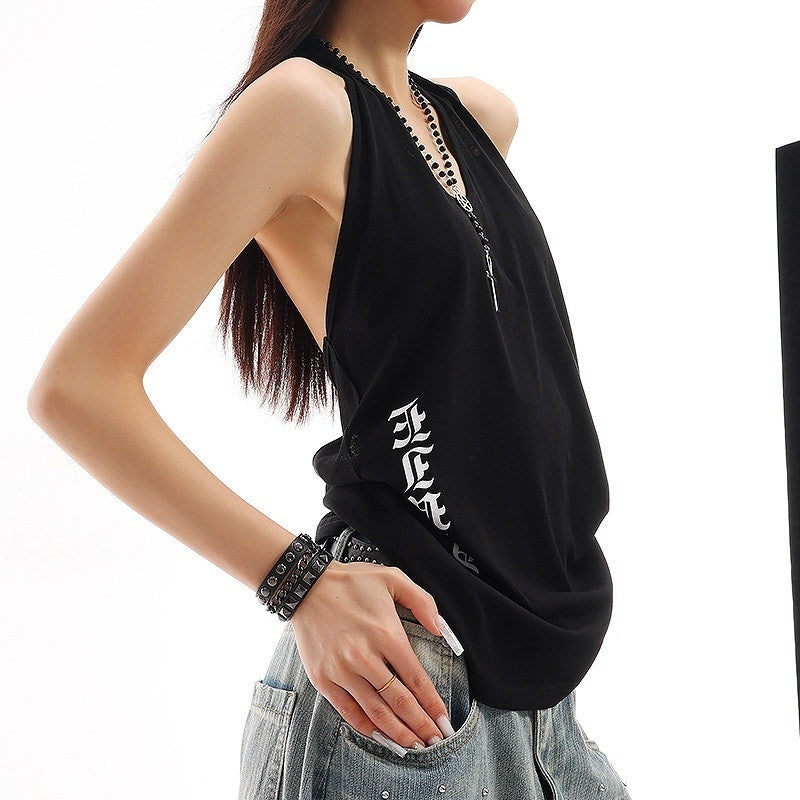 QIUQIU_STUDIO_White_V-neck_Letter_Print_Backless_Loose_Women&
