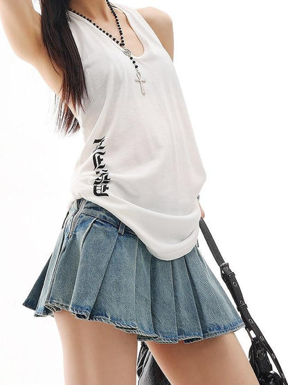 QIUQIU STUDIO White V-neck Letter Print Backless Loose Women&