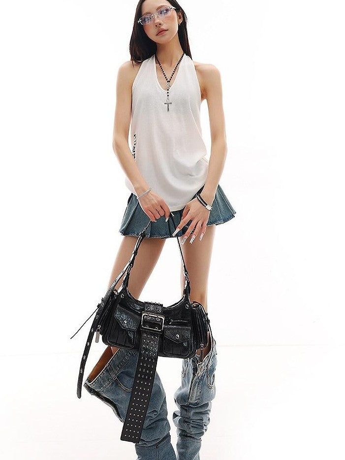 QIUQIU STUDIO White V-neck Letter Print Backless Loose Women&
