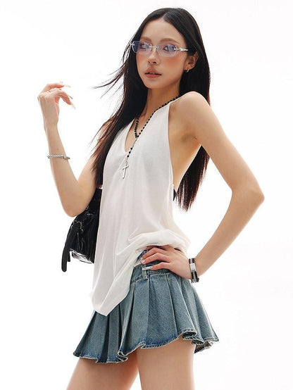 QIUQIU STUDIO White V-neck Letter Print Backless Loose Women&