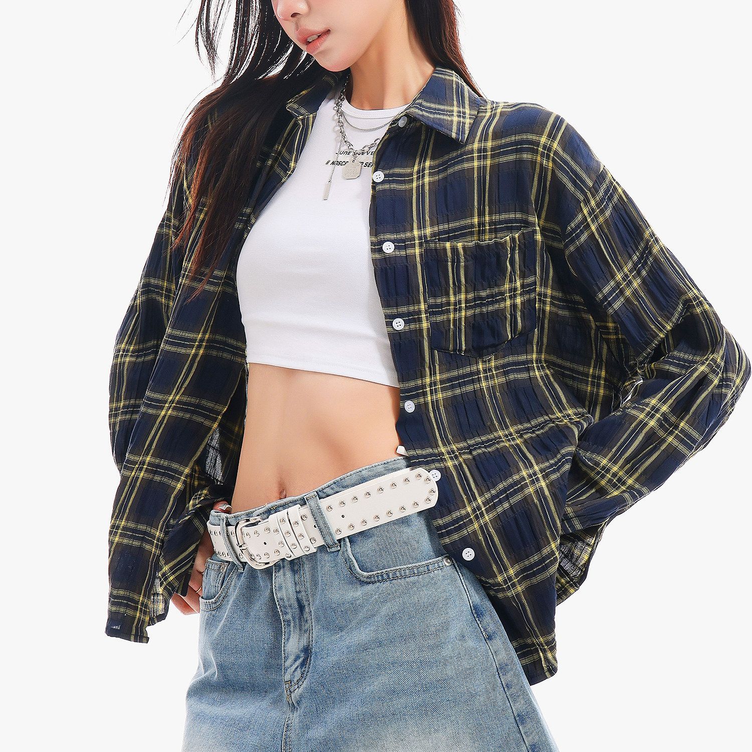 QIUQIU_STUDIO_Yellow_Plaid_Single_Breasted_Loose_Round_Neck_Patch_Pocket_Women&