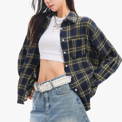 QIUQIU_STUDIO_Yellow_Plaid_Single_Breasted_Loose_Round_Neck_Patch_Pocket_Women&