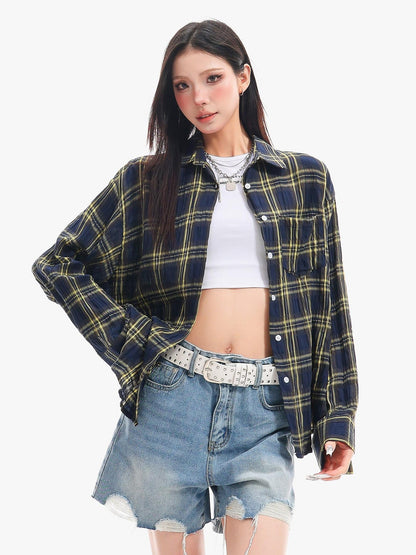QIUQIU STUDIO Yellow Plaid Single Breasted Loose Round Neck Patch Pocket Women&