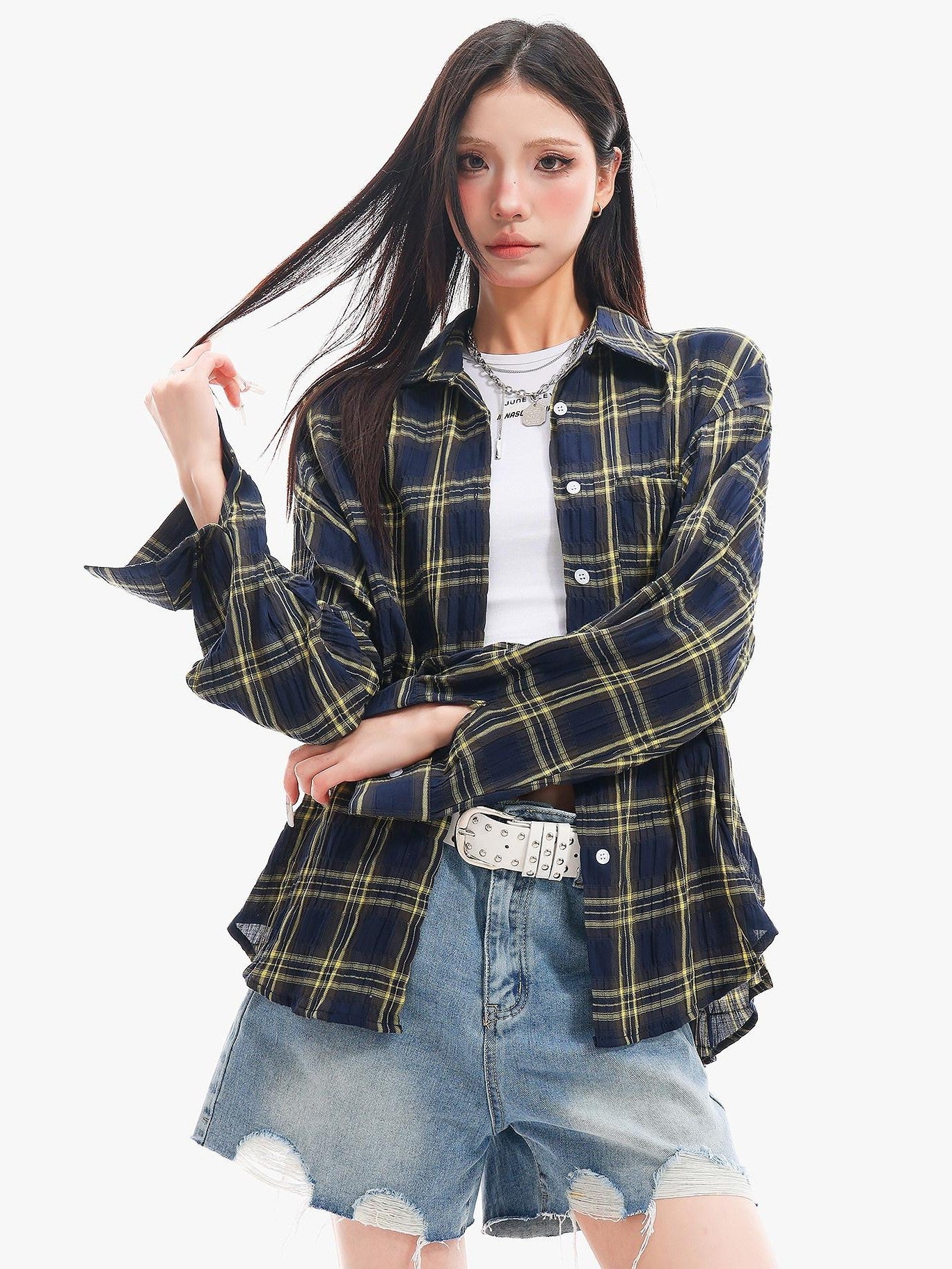 QIUQIU STUDIO Yellow Plaid Single Breasted Loose Round Neck Patch Pocket Women&