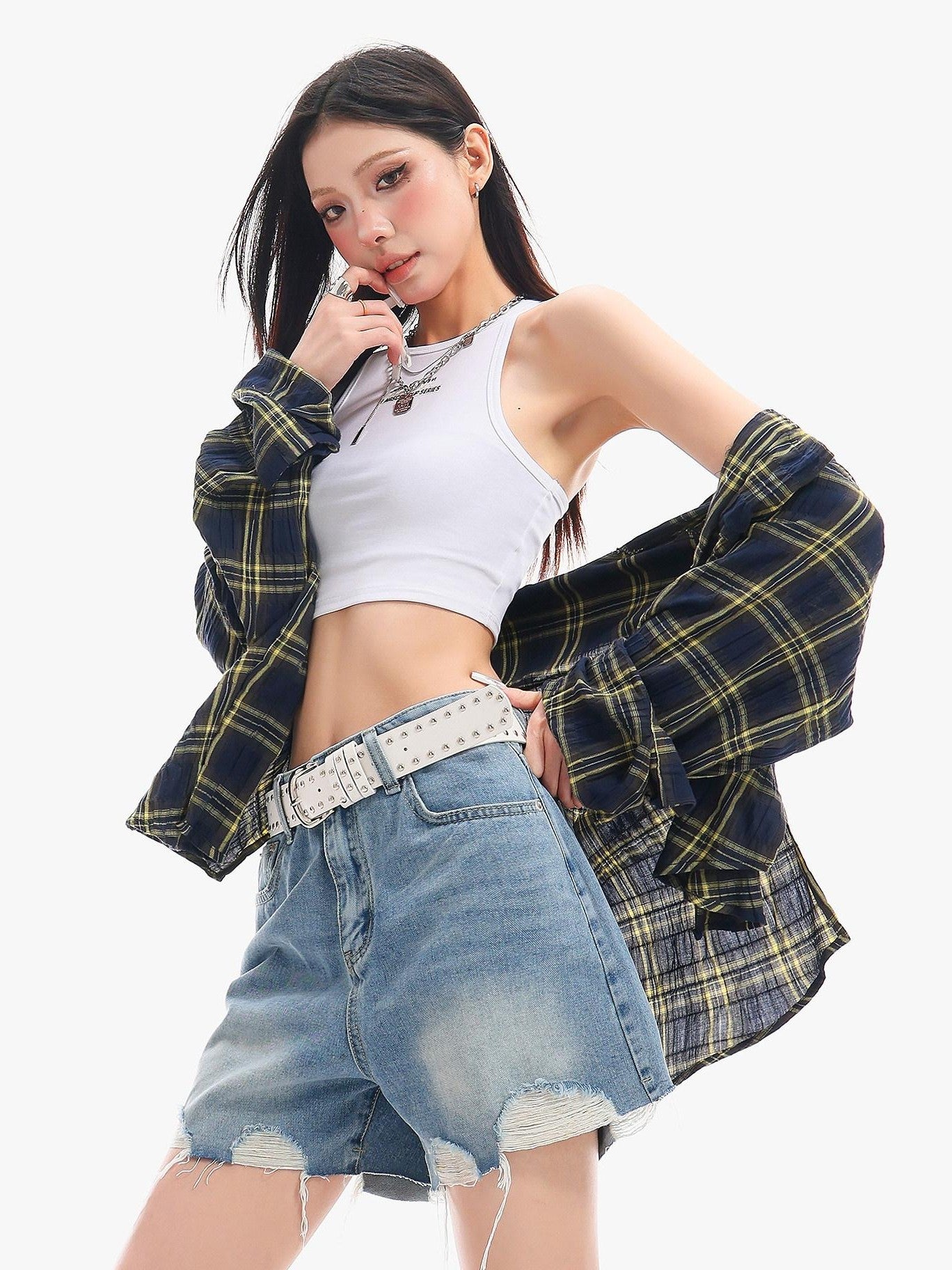 QIUQIU STUDIO Yellow Plaid Single Breasted Loose Round Neck Patch Pocket Women&