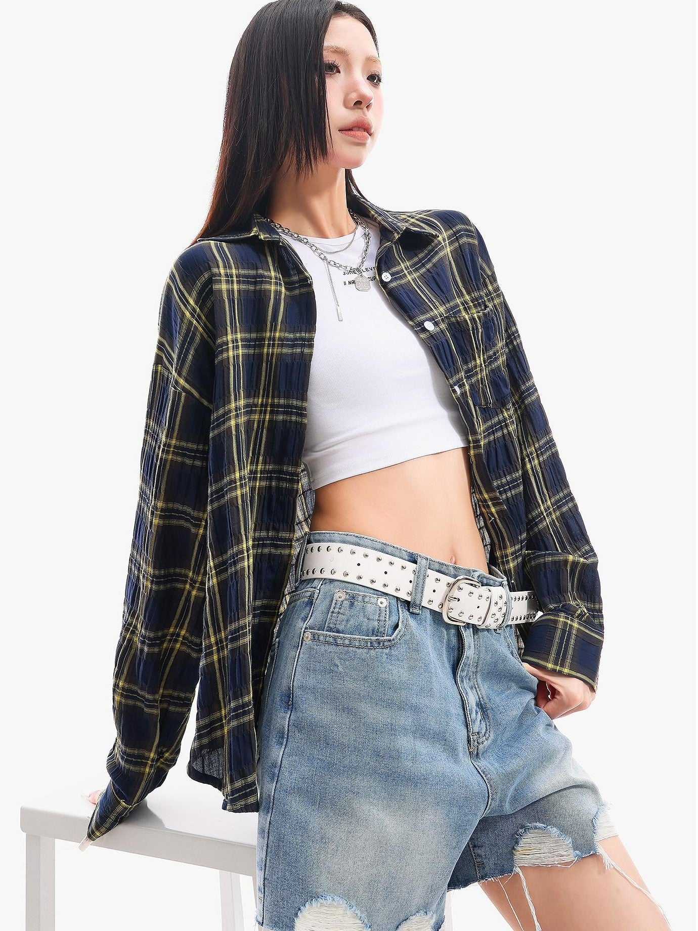 QIUQIU STUDIO Yellow Plaid Single Breasted Loose Round Neck Patch Pocket Women&