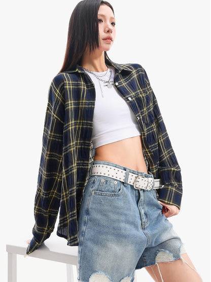 QIUQIU STUDIO Yellow Plaid Single Breasted Loose Round Neck Patch Pocket Women&