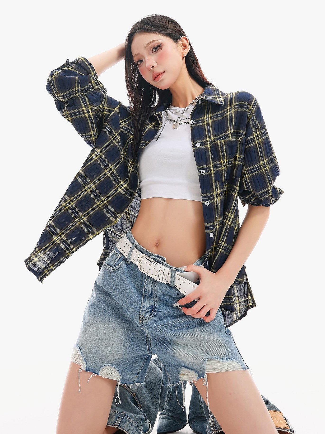 QIUQIU STUDIO Yellow Plaid Single Breasted Loose Round Neck Patch Pocket Women&