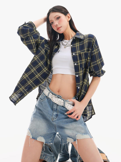 QIUQIU STUDIO Yellow Plaid Single Breasted Loose Round Neck Patch Pocket Women&