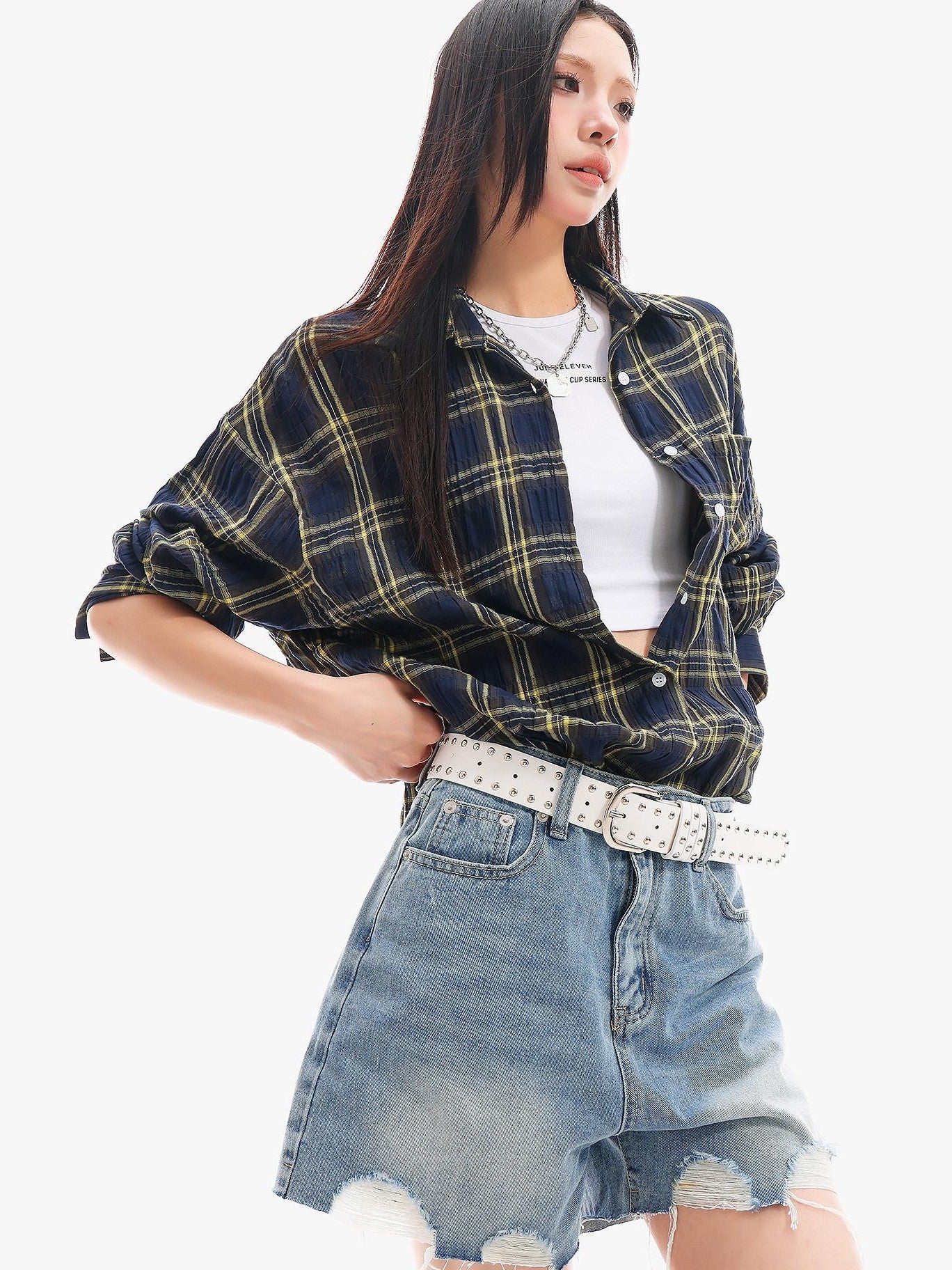 QIUQIU STUDIO Yellow Plaid Single Breasted Loose Round Neck Patch Pocket Women&