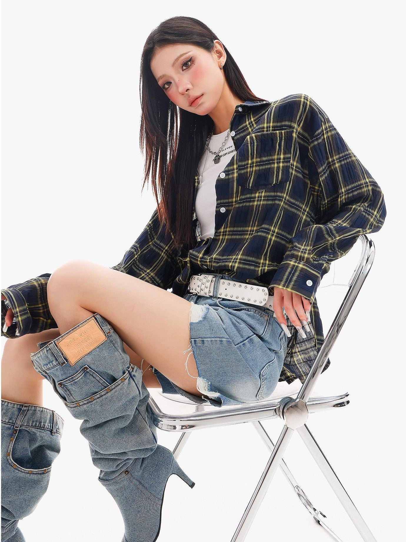 QIUQIU STUDIO Yellow Plaid Single Breasted Loose Round Neck Patch Pocket Women&