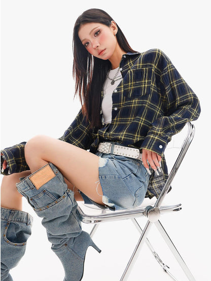 QIUQIU STUDIO Yellow Plaid Single Breasted Loose Round Neck Patch Pocket Women&