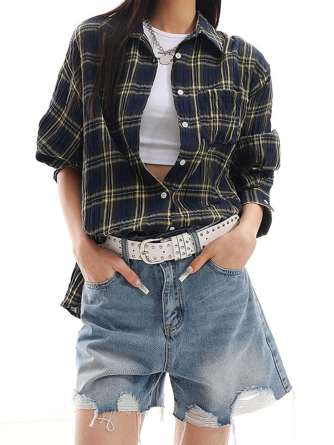 QIUQIU STUDIO Yellow Plaid Single Breasted Loose Round Neck Patch Pocket Women&