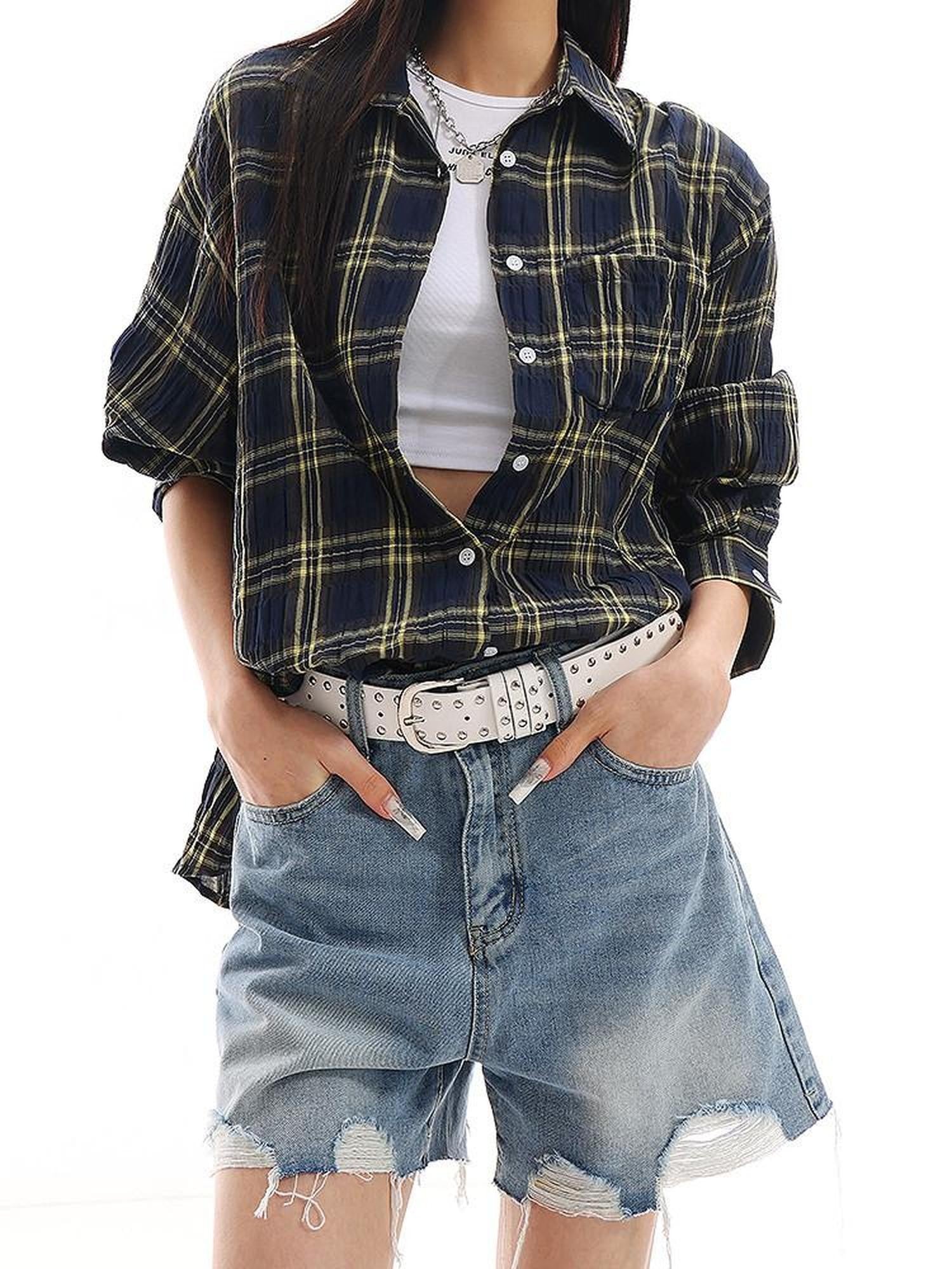 QIUQIU STUDIO Yellow Plaid Single Breasted Loose Round Neck Patch Pocket Women&