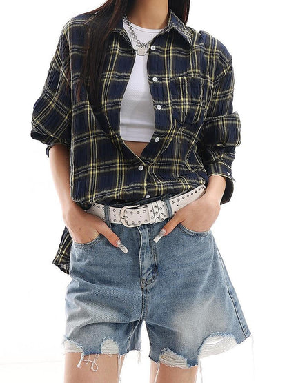 QIUQIU STUDIO Yellow Plaid Single Breasted Loose Round Neck Patch Pocket Women&