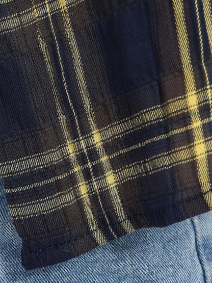 QIUQIU STUDIO Yellow Plaid Single Breasted Loose Round Neck Patch Pocket Women&