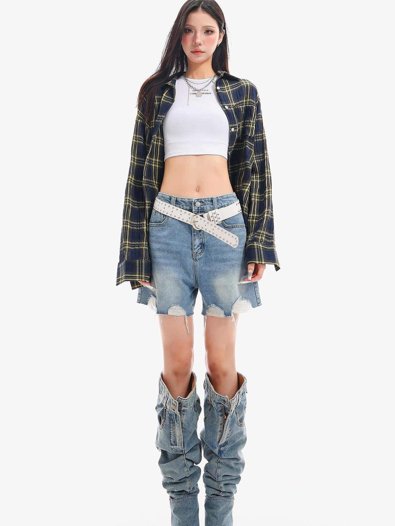 QIUQIU STUDIO Yellow Plaid Single Breasted Loose Round Neck Patch Pocket Women&