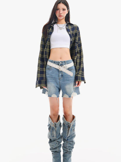 QIUQIU STUDIO Yellow Plaid Single Breasted Loose Round Neck Patch Pocket Women&