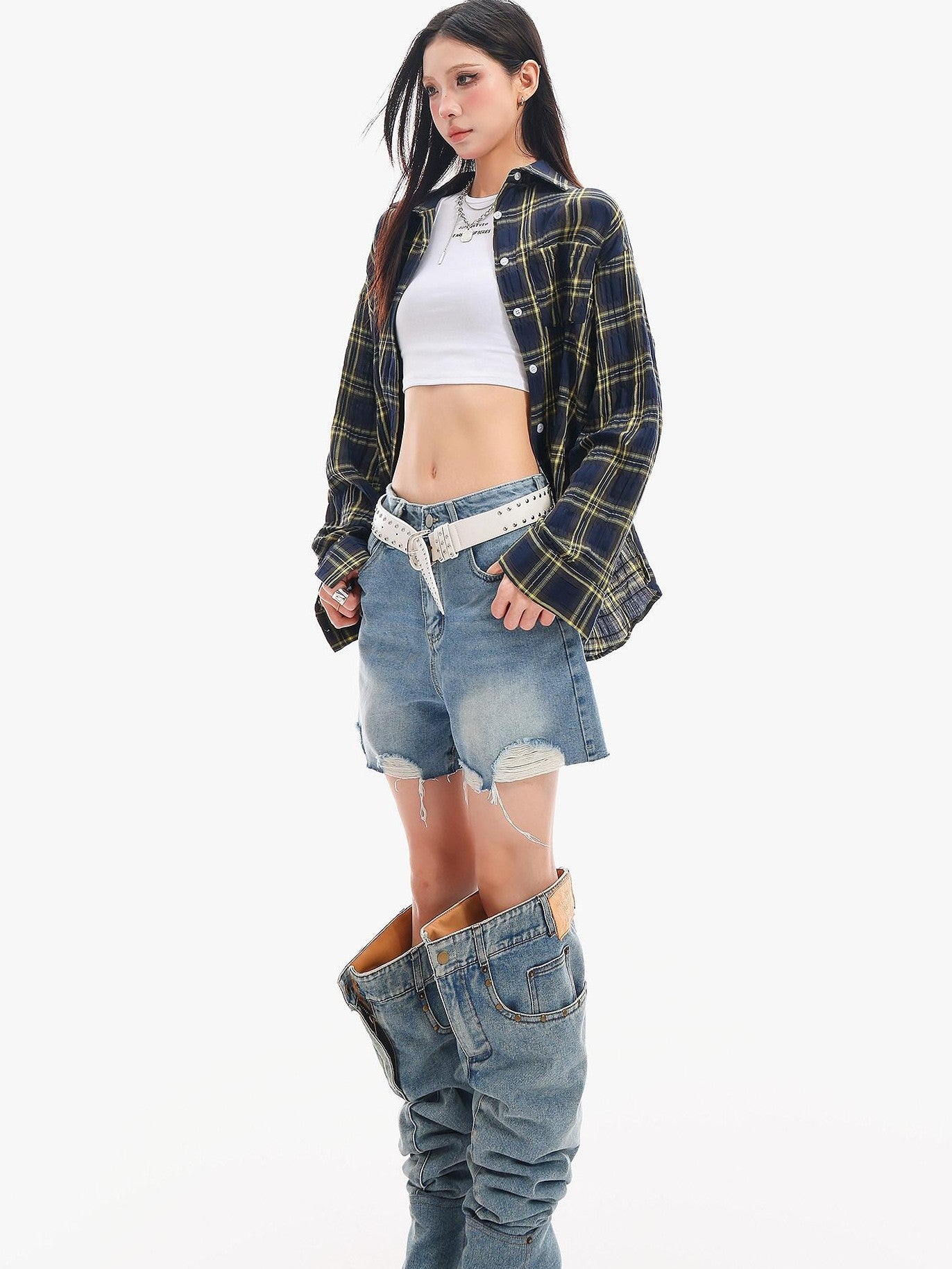 QIUQIU STUDIO Yellow Plaid Single Breasted Loose Round Neck Patch Pocket Women&