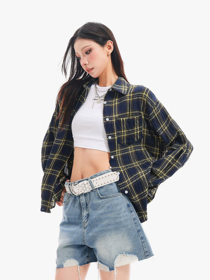 QIUQIU STUDIO Yellow Plaid Single Breasted Loose Round Neck Patch Pocket Women&