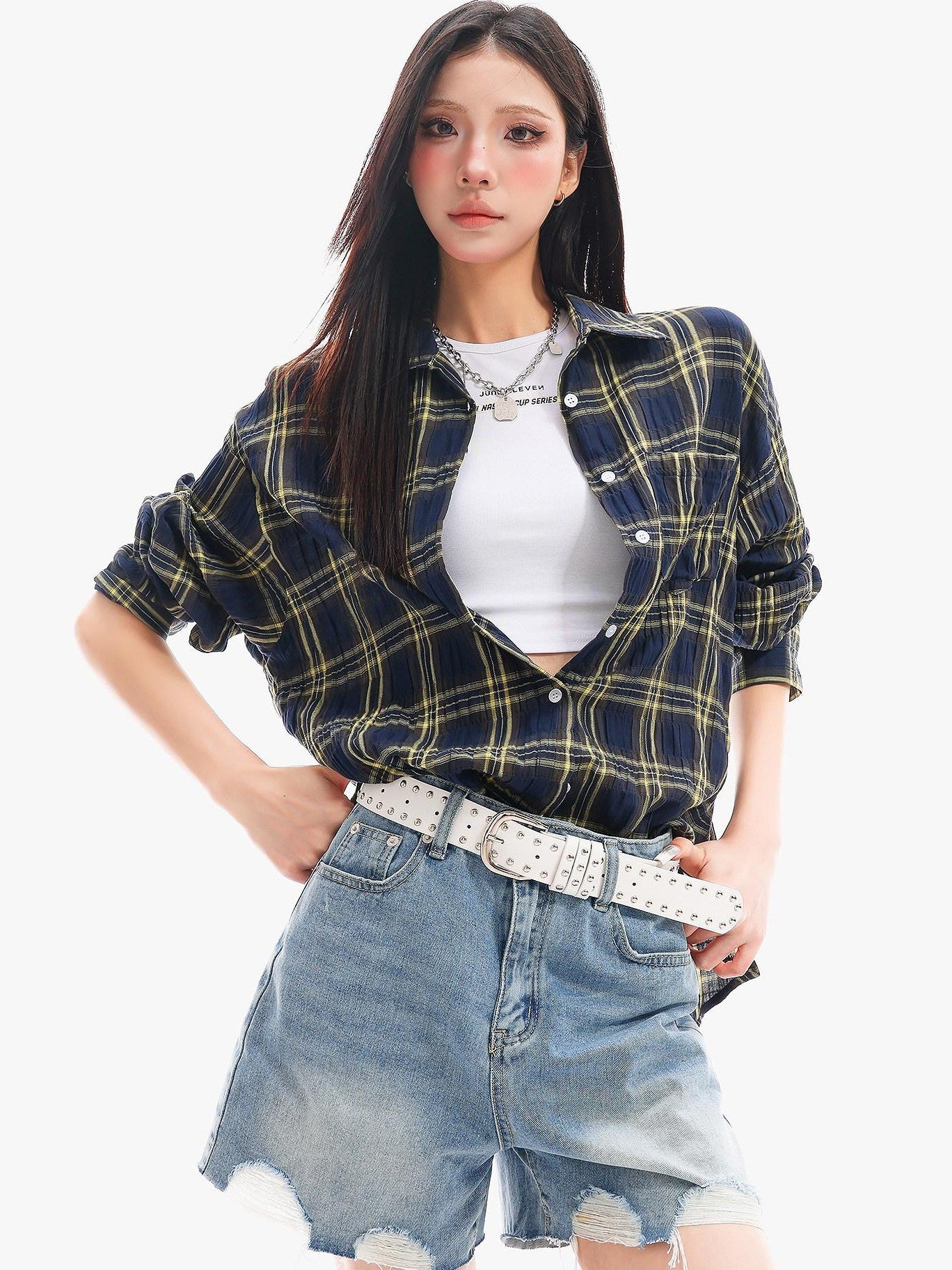 QIUQIU STUDIO Yellow Plaid Single Breasted Loose Round Neck Patch Pocket Women&