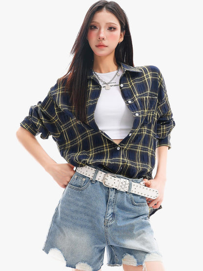 QIUQIU STUDIO Yellow Plaid Single Breasted Loose Round Neck Patch Pocket Women&