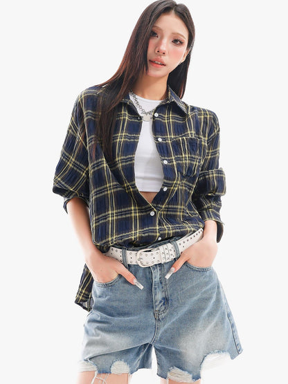 QIUQIU STUDIO Yellow Plaid Single Breasted Loose Round Neck Patch Pocket Women&