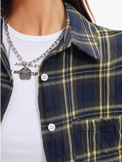 QIUQIU STUDIO Yellow Plaid Single Breasted Loose Round Neck Patch Pocket Women&