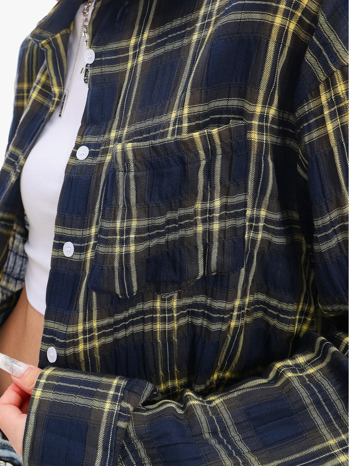 QIUQIU STUDIO Yellow Plaid Single Breasted Loose Round Neck Patch Pocket Women&