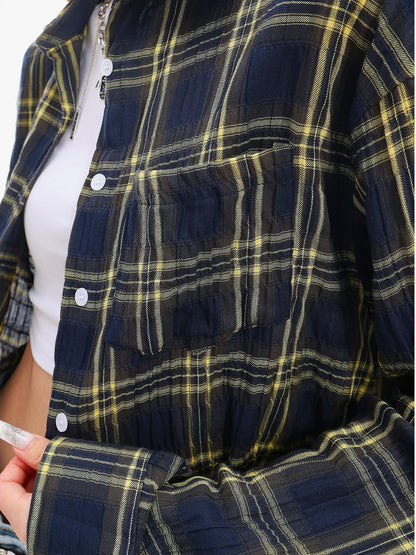 QIUQIU STUDIO Yellow Plaid Single Breasted Loose Round Neck Patch Pocket Women&