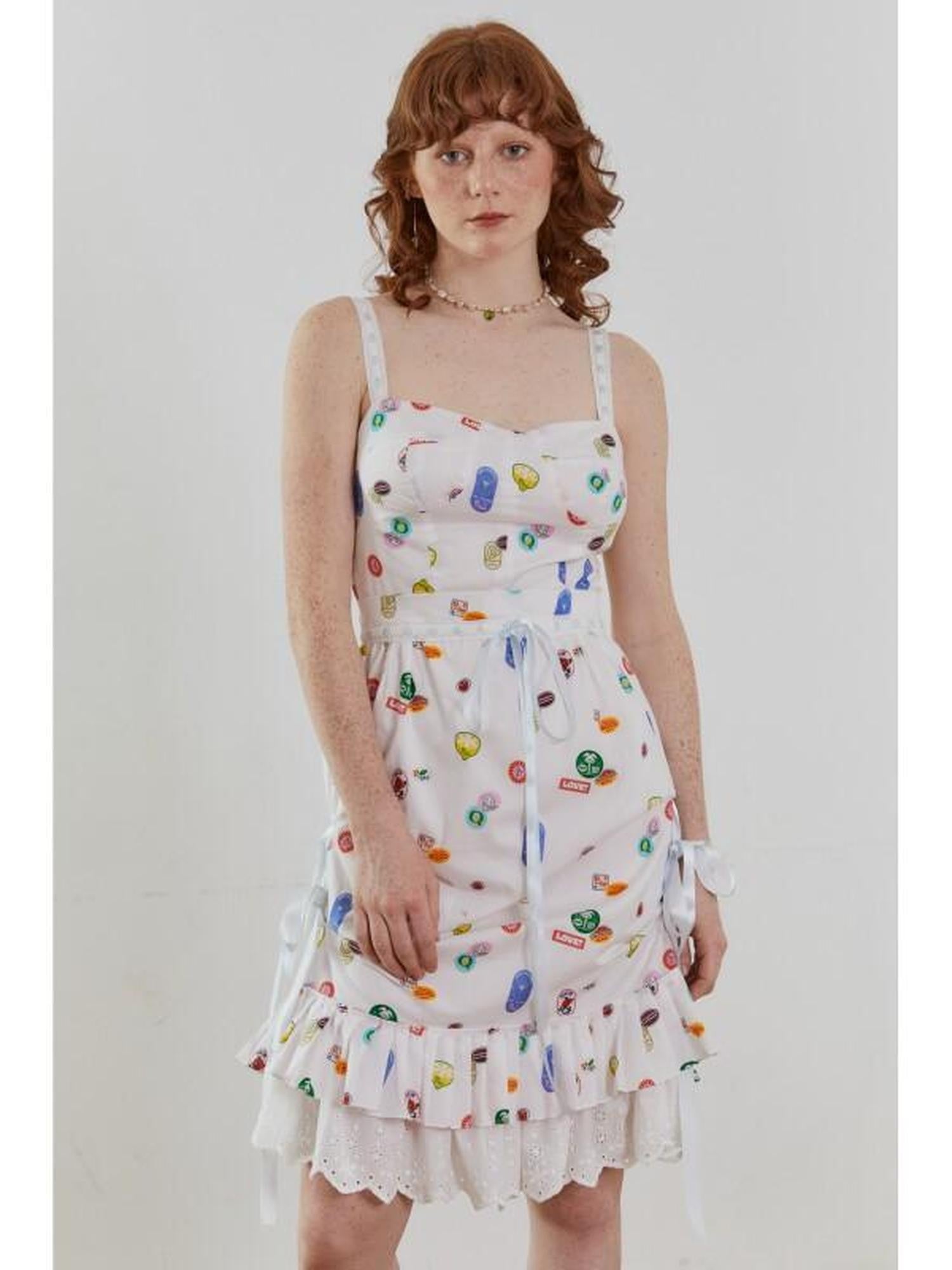 QUORRA S CHORD Apple Applique Spliced Ribbon Tank Cinched Waist Women&
