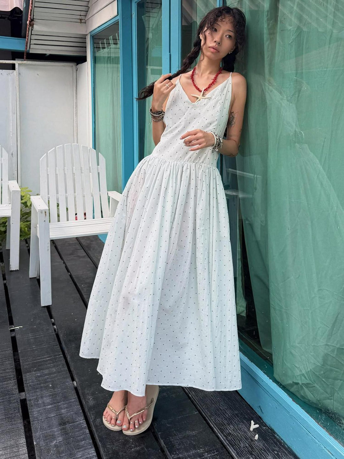 QUORRA S CHORD Aqua Polka Dot Backless Pleated Women&