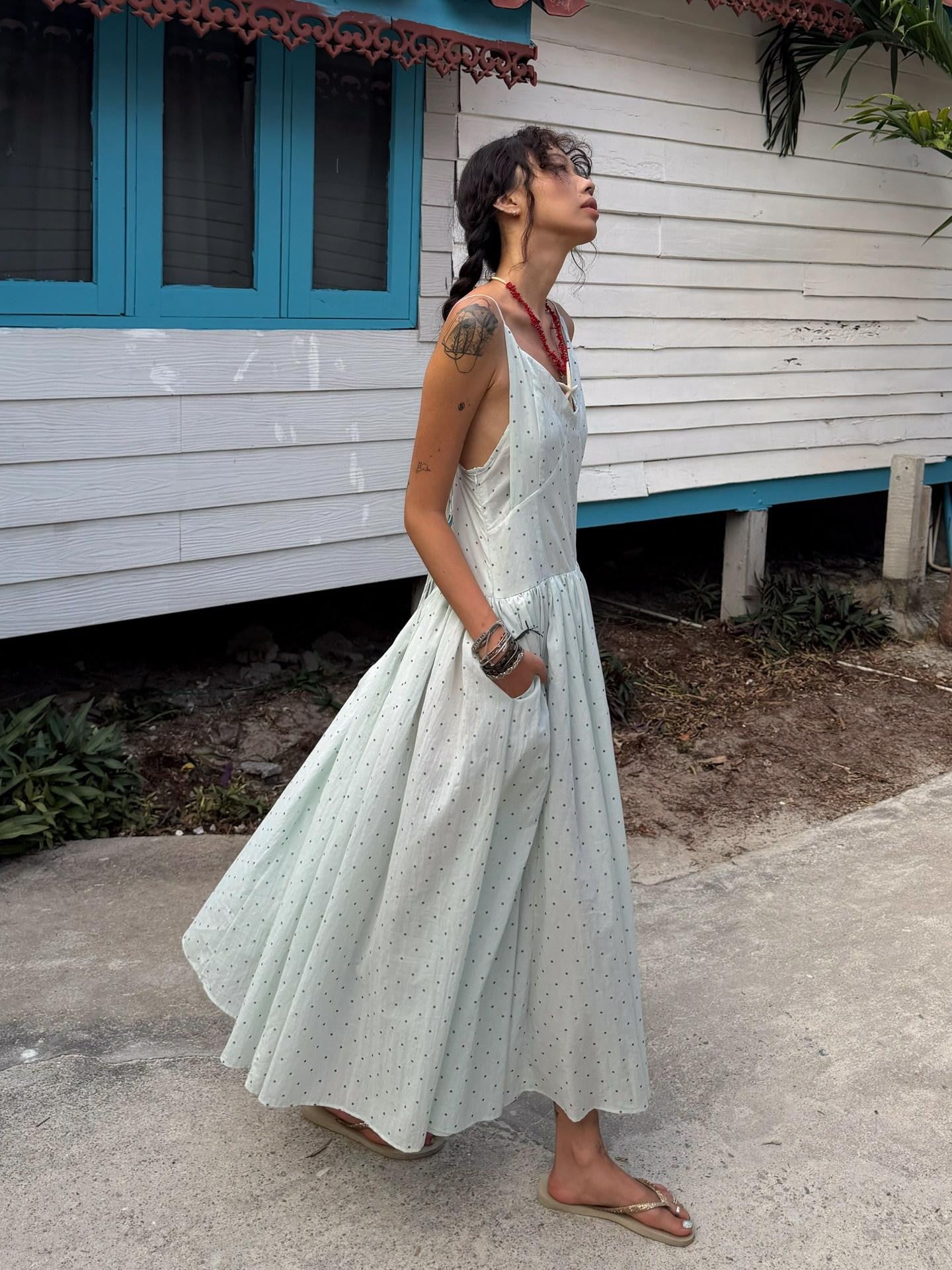 QUORRA S CHORD Aqua Polka Dot Backless Pleated Women&