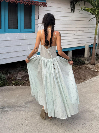 QUORRA S CHORD Aqua Polka Dot Backless Pleated Women&
