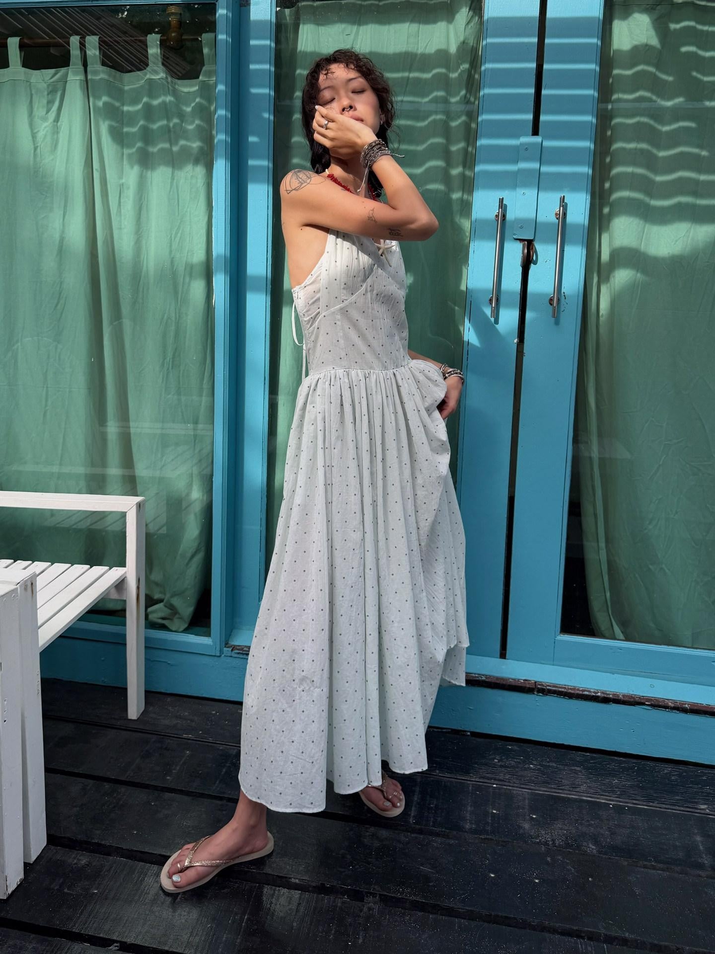 QUORRA S CHORD Aqua Polka Dot Backless Pleated Women&