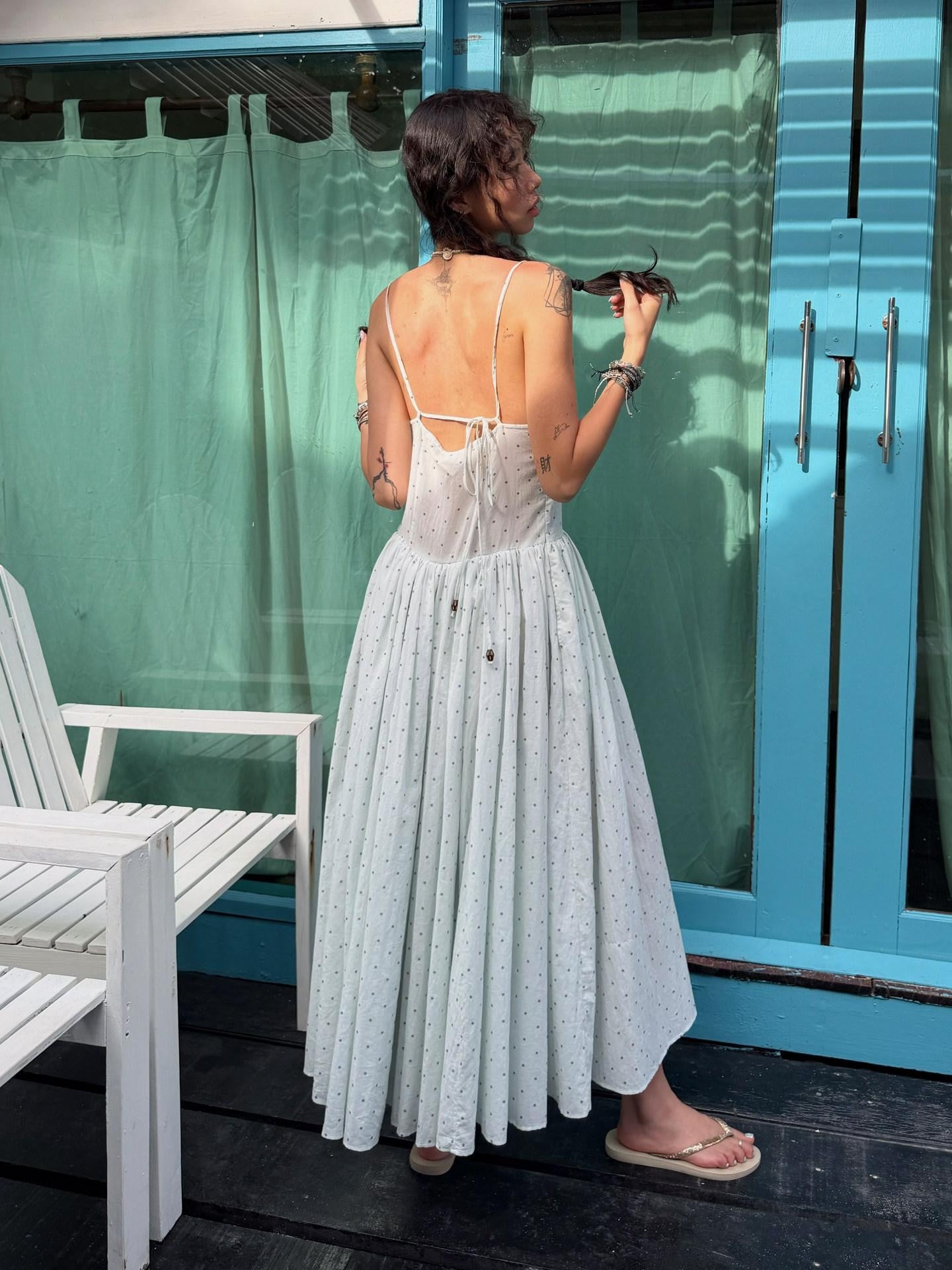 QUORRA S CHORD Aqua Polka Dot Backless Pleated Women&