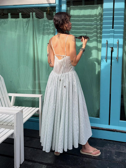QUORRA S CHORD Aqua Polka Dot Backless Pleated Women&
