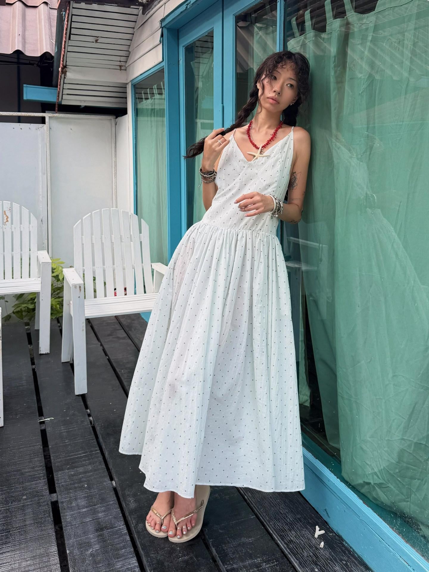 QUORRA S CHORD Aqua Polka Dot Backless Pleated Women&