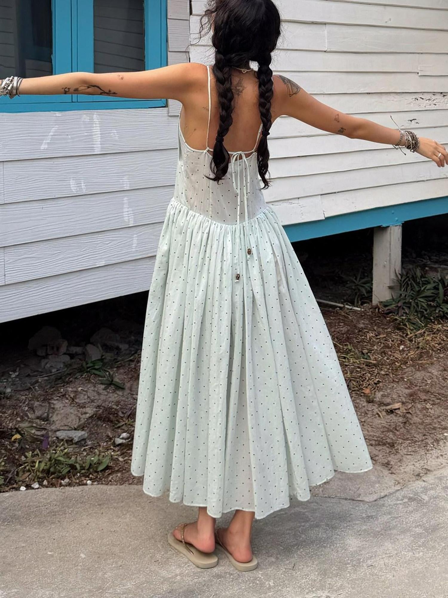 QUORRA S CHORD Aqua Polka Dot Backless Pleated Women&
