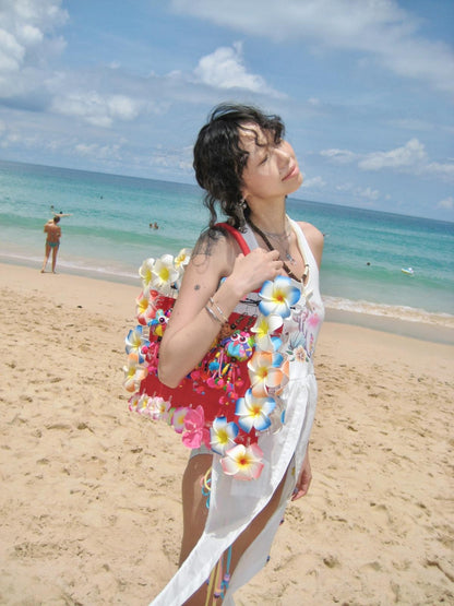 QUORRA S CHORD Beach Embroidered Hibiscus Print Spliced Women&