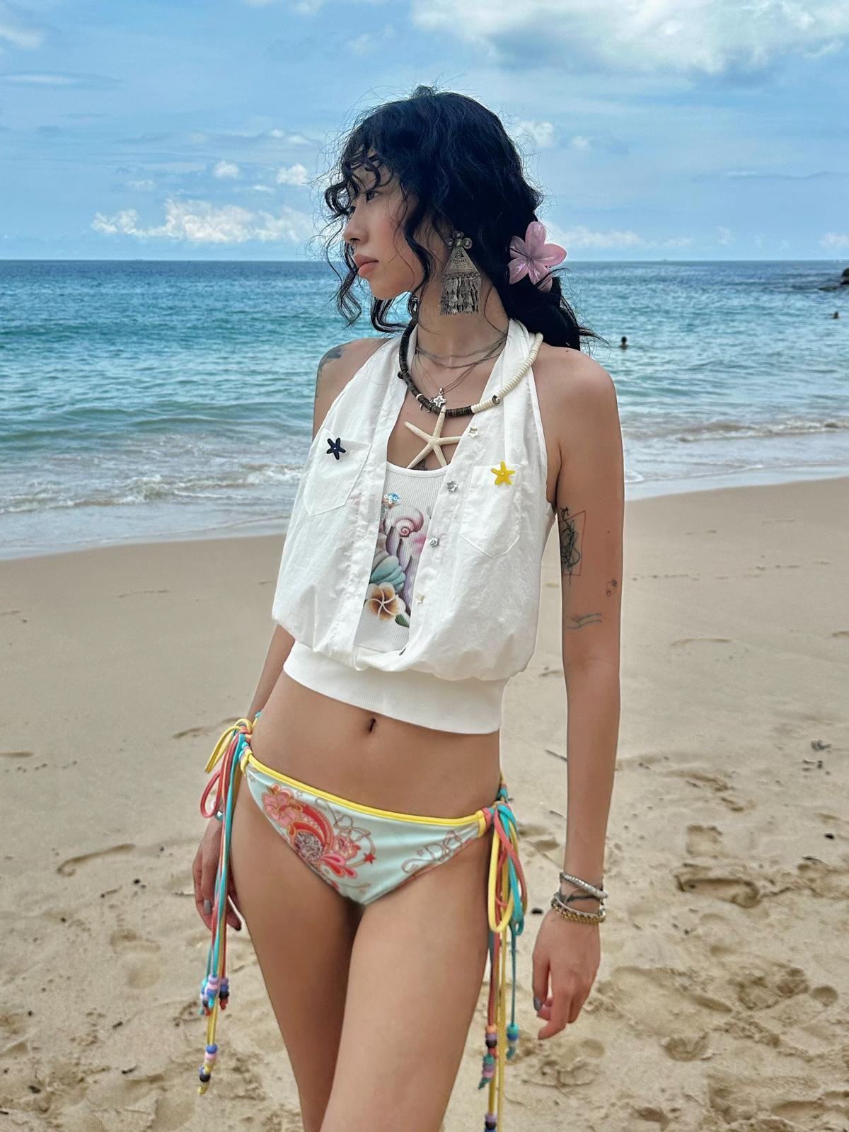 QUORRA S CHORD Beach Embroidered Hibiscus Print Spliced Women&