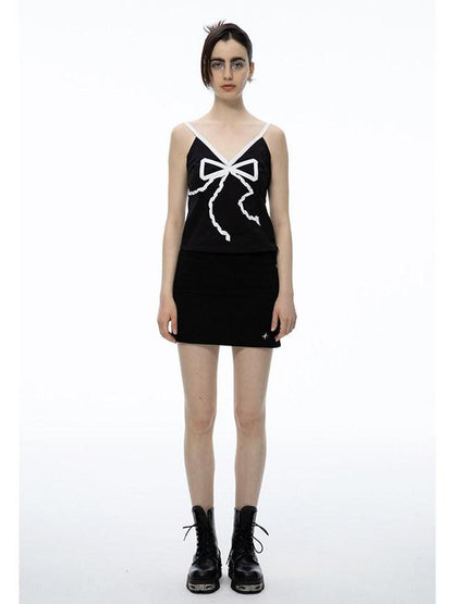 QUORRA S CHORD Black Bow Tie Ribbon V-neck Women&