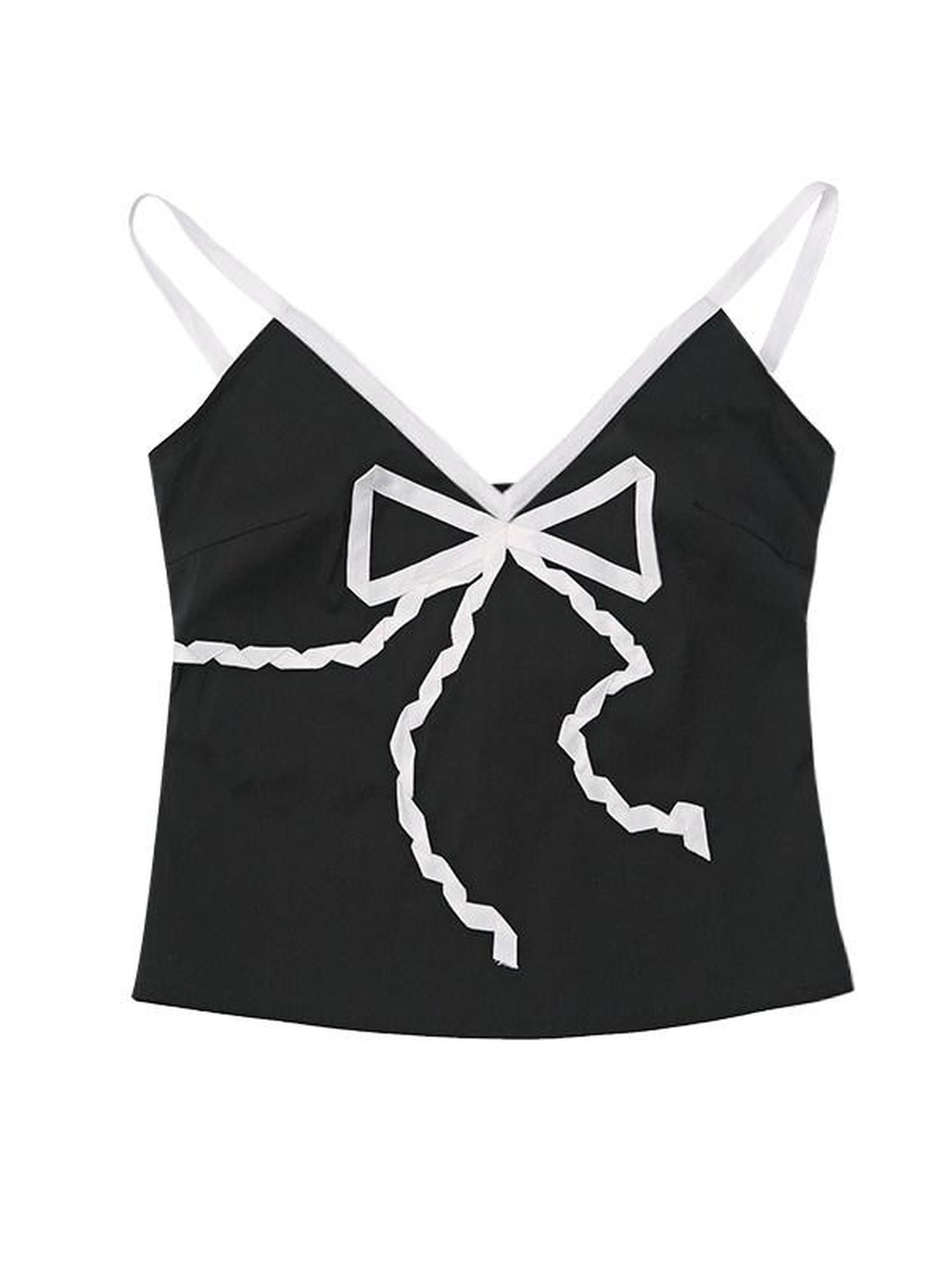 QUORRA S CHORD Black Bow Tie Ribbon V-neck Women&