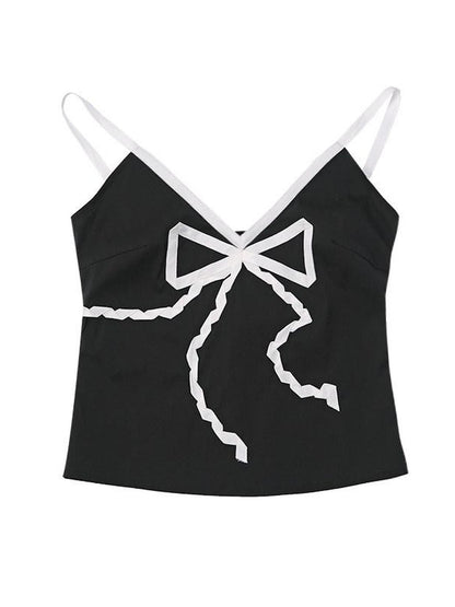 QUORRA S CHORD Black Bow Tie Ribbon V-neck Women&