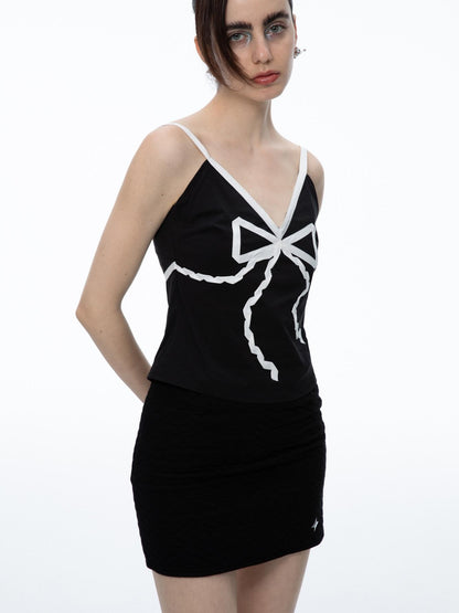 QUORRA S CHORD Black Bow Tie Ribbon V-neck Women&